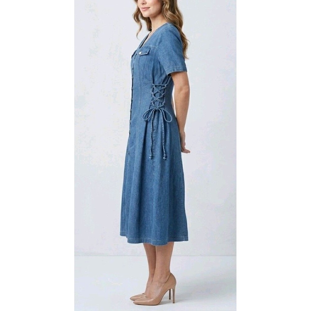 VTG DJ Int’l Denim Midi Dress Size 5/6 Lace Up Corset Sides Button Front 90s Y2K - Picture 2 of 16